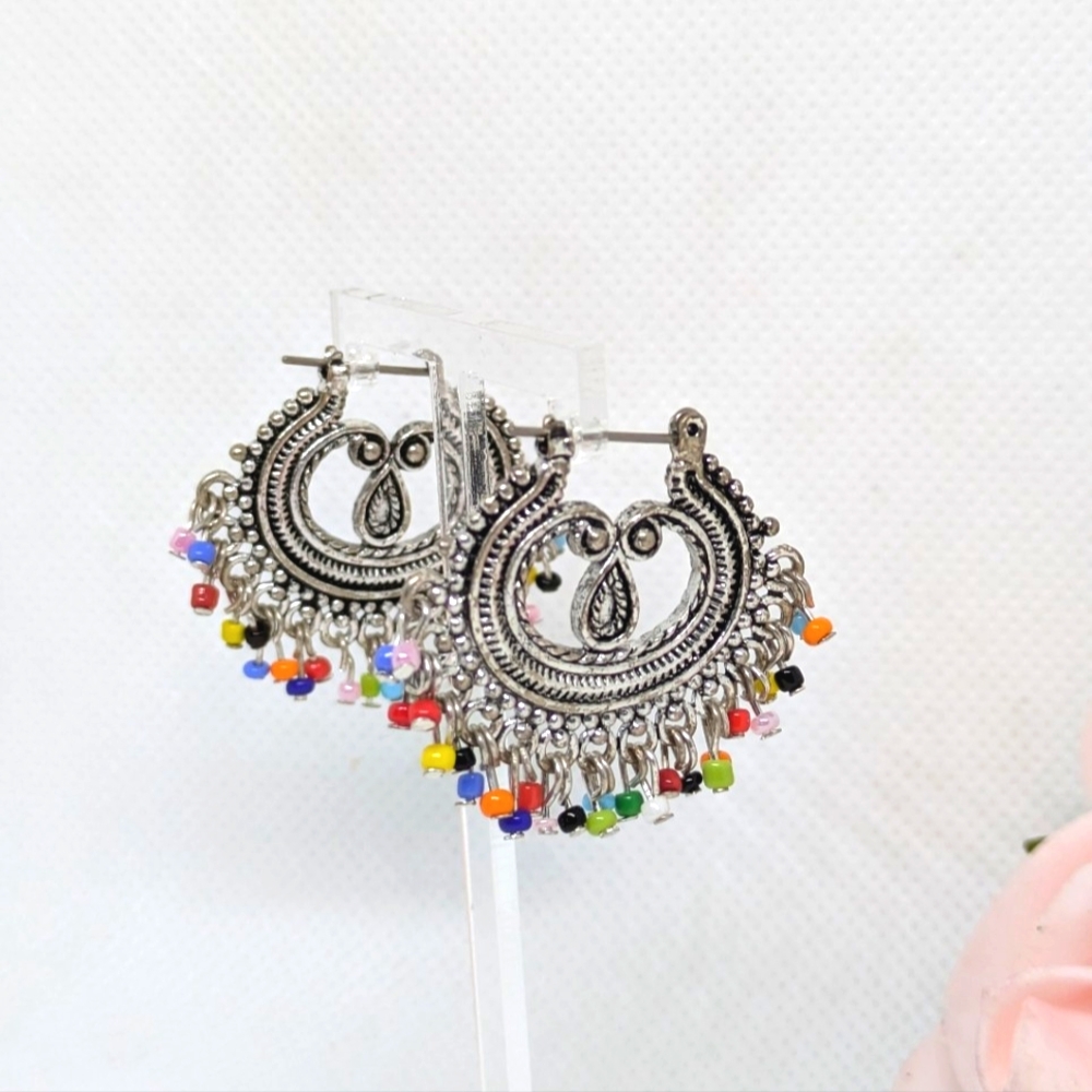 Earrings Beaded Silver Tone Boho Gypsy Festival Fashion Jewellery